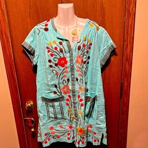 Johnny Was Blue Graphic Tunic Short Sleeve large pockets NEW WITH TAGS